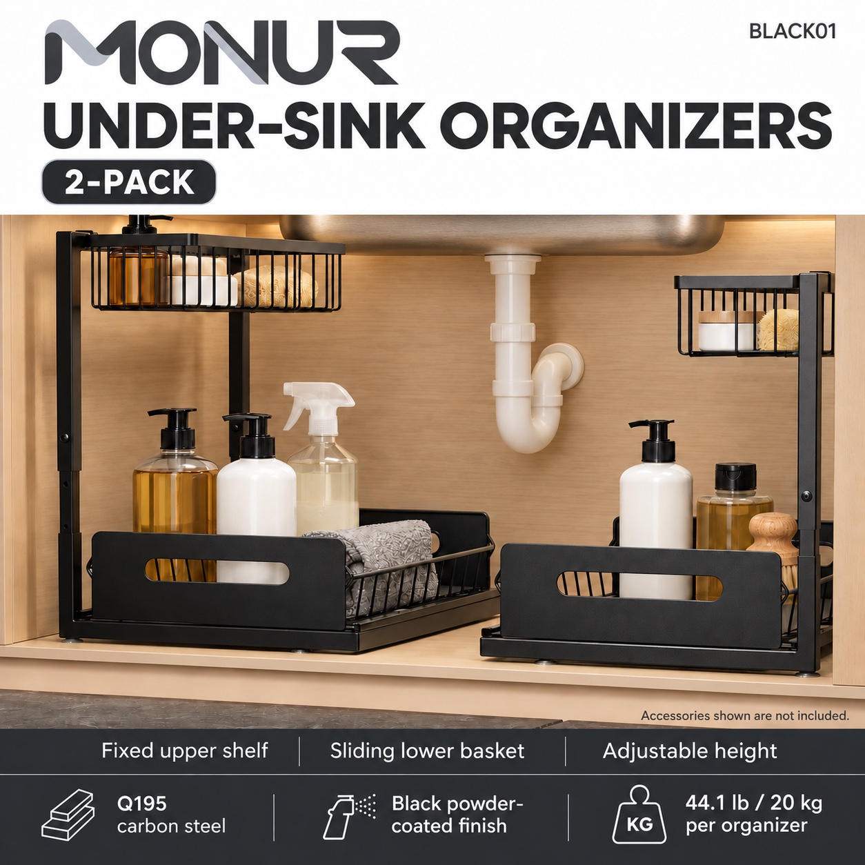 MONUR BLACK01 black under-sink organizers holding household supplies